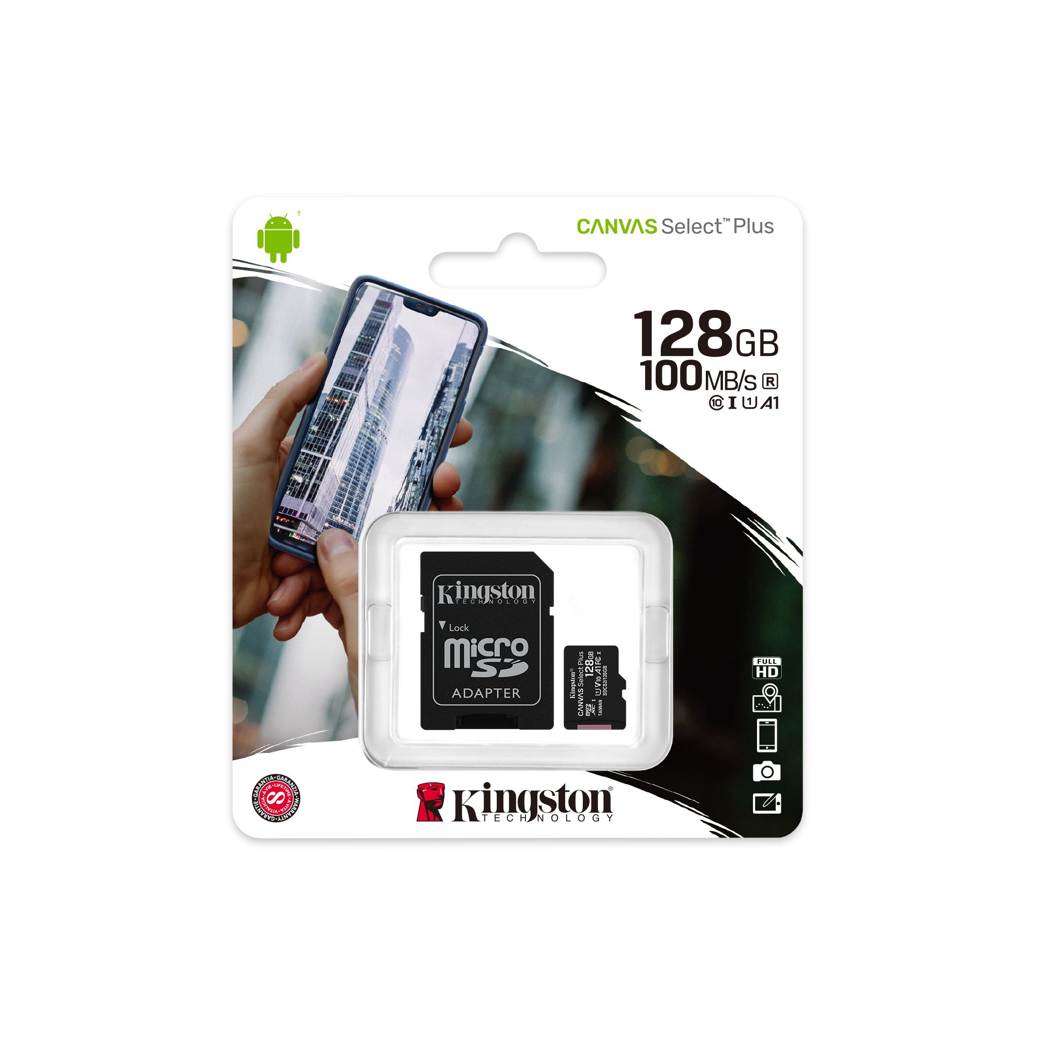 Kingston 100MB/s Flash Memory Card with Adapter (128GB Class 10)